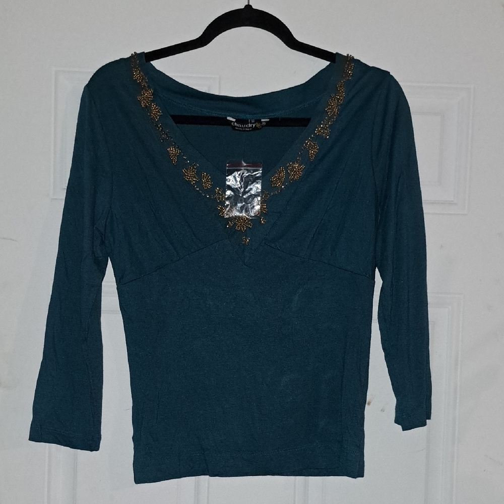 Elegant Teal Blouse with Gold Accents